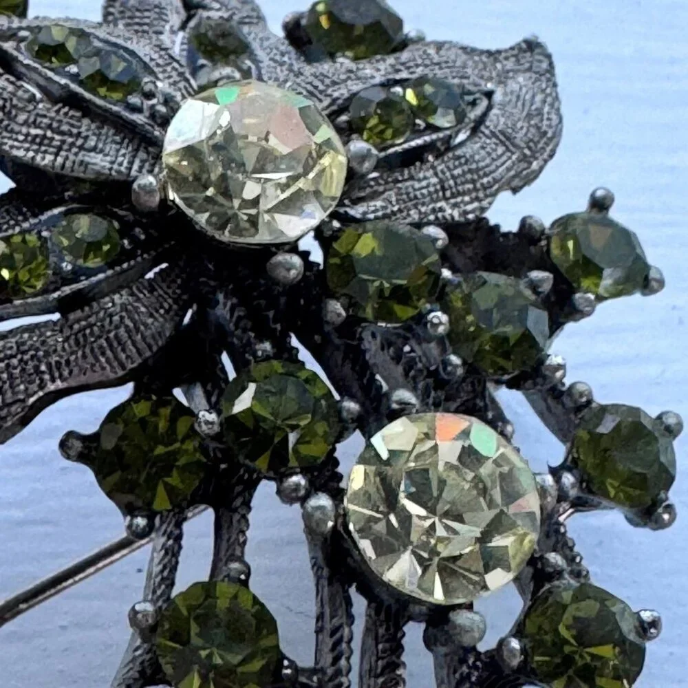 Vintage Floral Rhinestone Brooch with Green Crystals